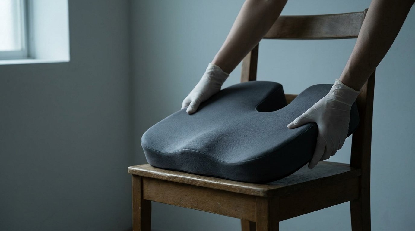 A U-shaped recovery cushion with a rear cut-out placed on a plain chair, hands positioning it so the gap sits at the back.