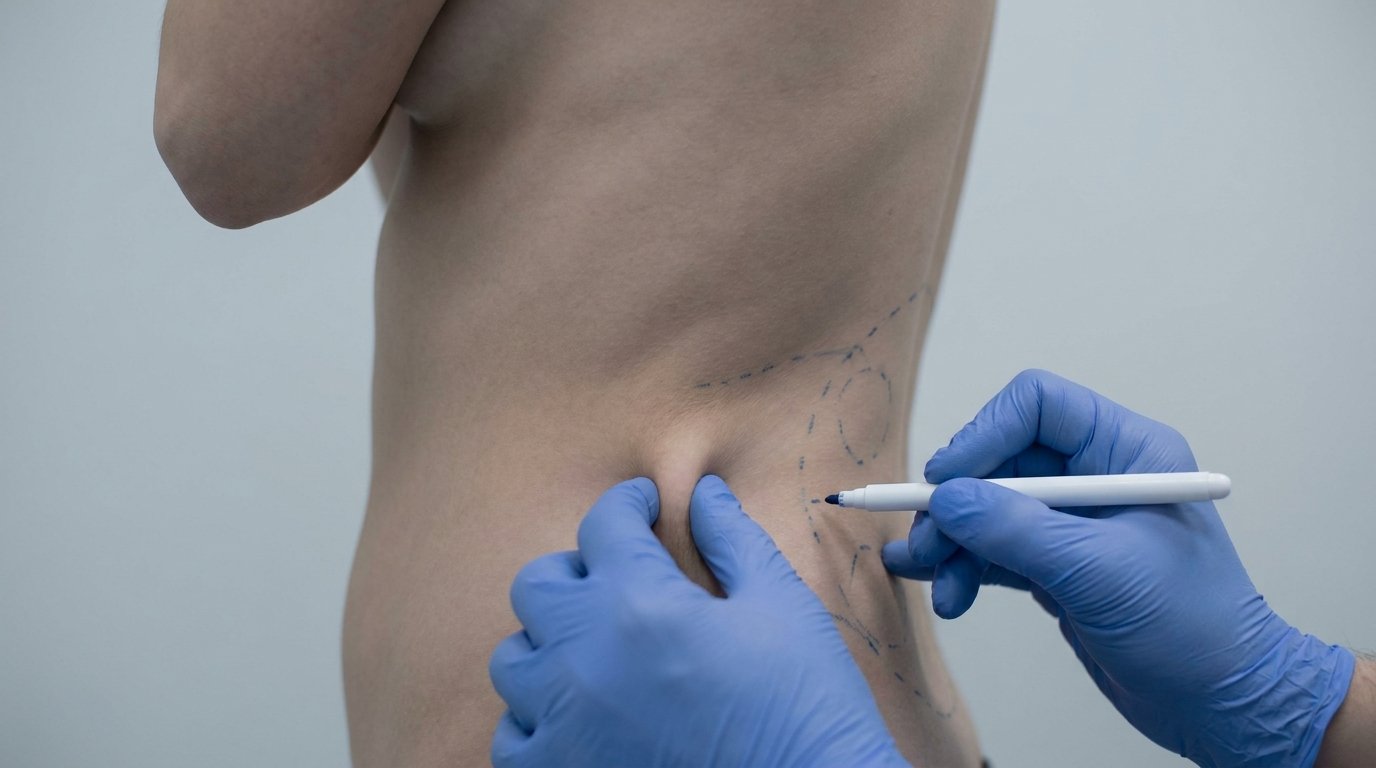 Gloved hand pinching a fold of skin at a slim patient's flank while a marker pen outlines a donor zone on the lower back.