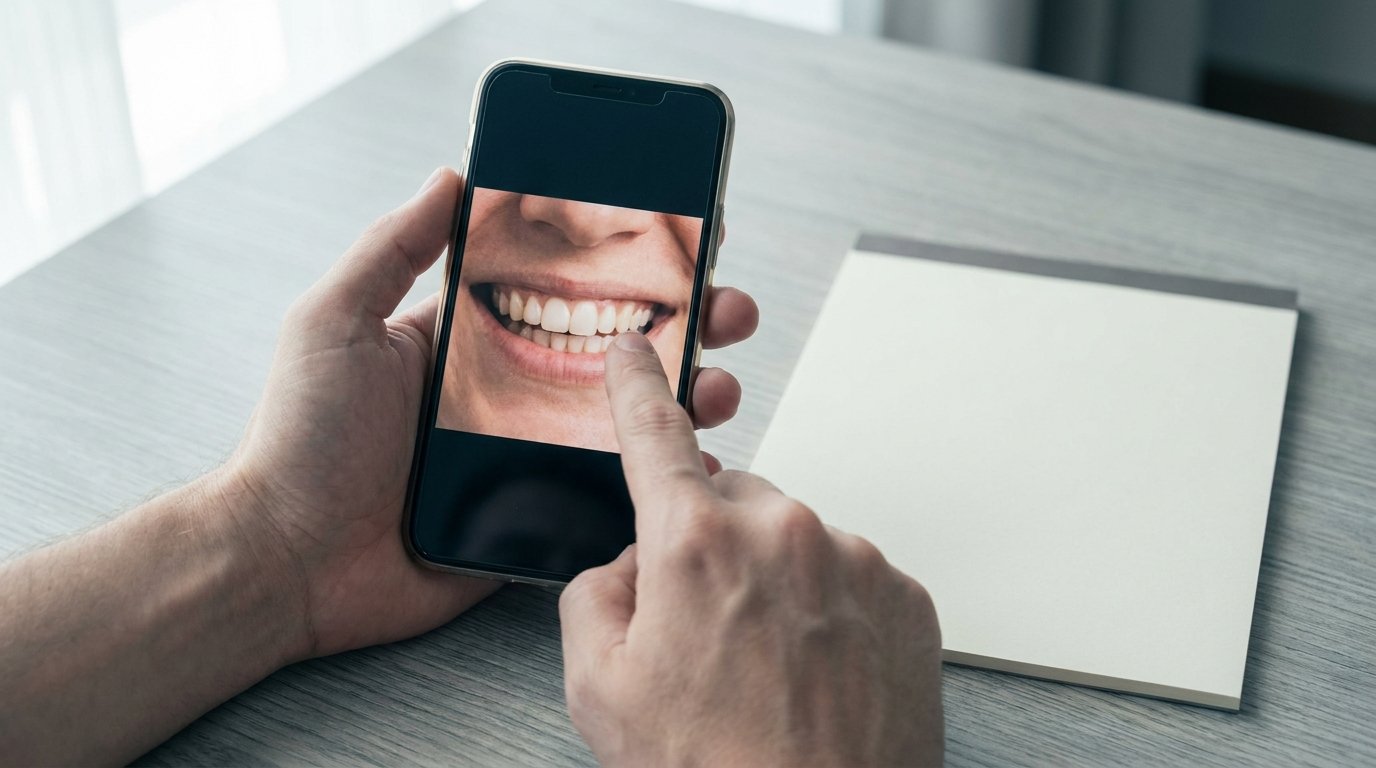 Two hands holding a smartphone showing a close-up photo of a wide smile, one finger pointing at the teeth on screen, a blank notepad on the desk.