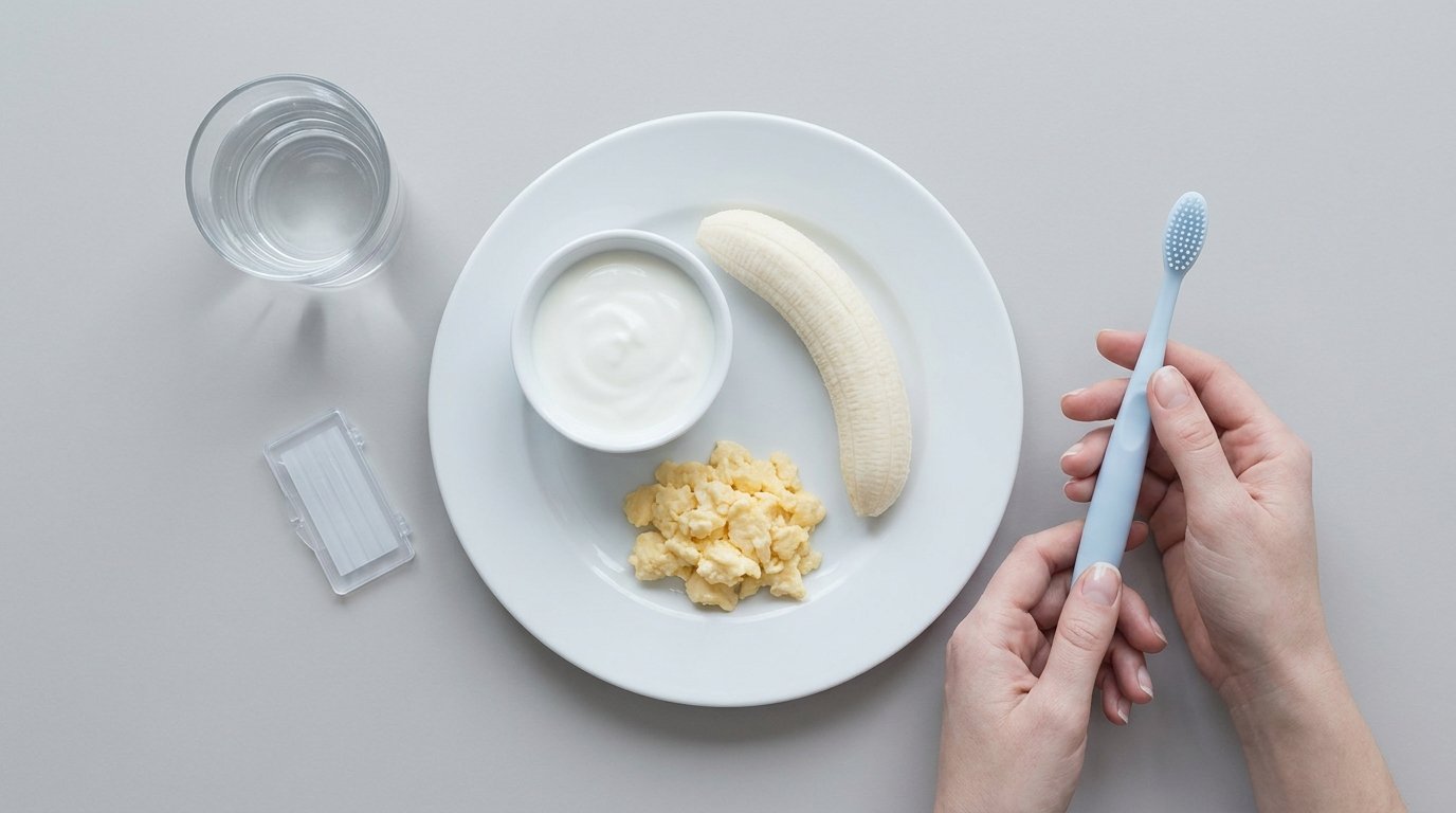 Flat-lay of soft foods on a plate — yoghurt, banana, scrambled egg — with hands holding a soft toothbrush and a glass of water nearby.