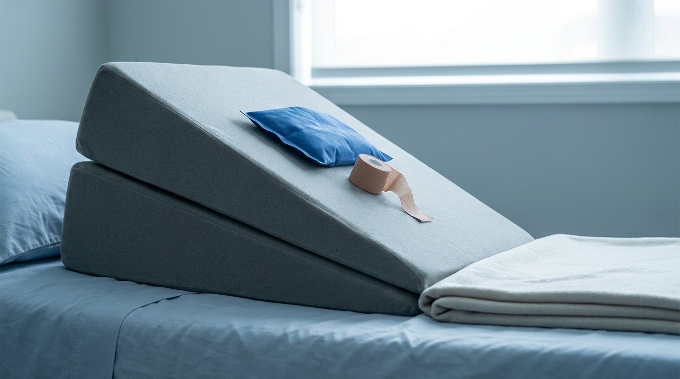 Two stacked foam pillow wedges on a bed raising the head area, with a wrapped cold gel pack and a strip of surgical tape resting on top.