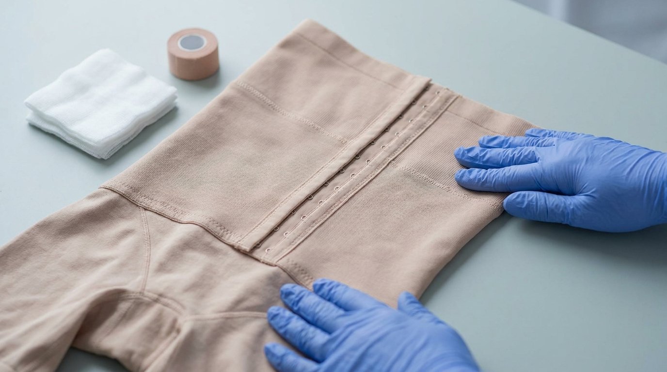 A flat post-surgical compression garment with hook-and-eye front closure, hands smoothing it, gauze and tape beside it.