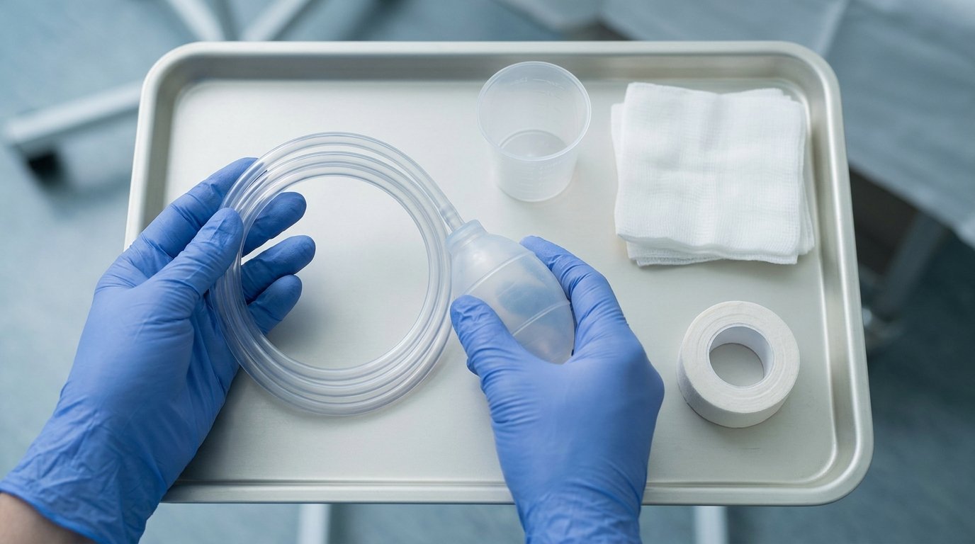 Gloved hands holding a silicone surgical drain bulb on a tray with measuring cup, dressings and tape.