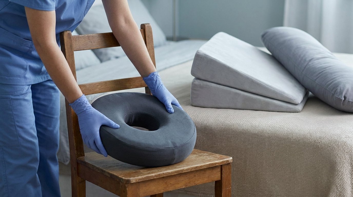 A hollow-center BBL cushion on a plain chair with foam wedges and a long pillow beside it, hands positioning the cushion.