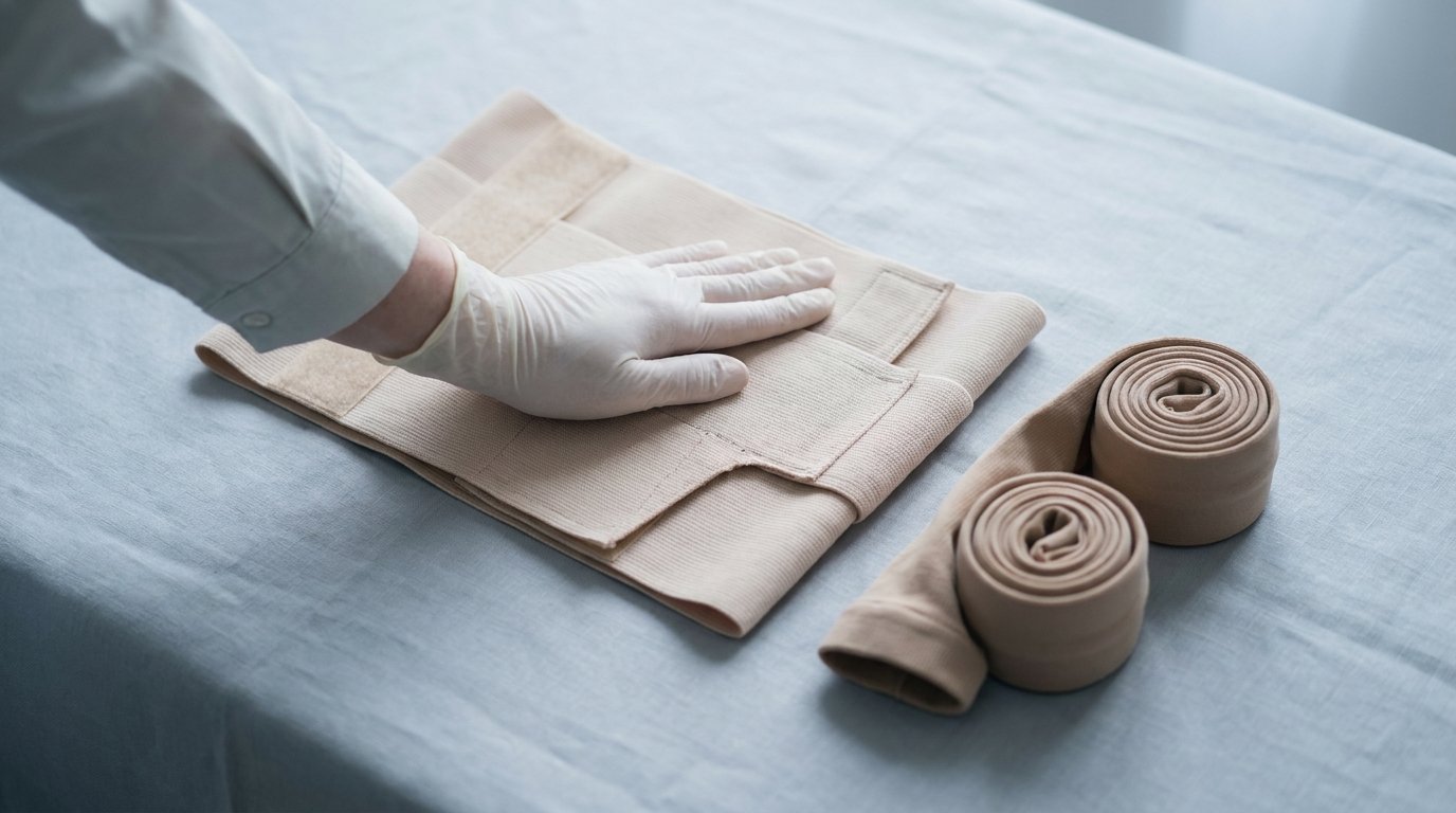 An abdominal compression binder laid flat with compression stockings beside it, one hand smoothing the binder.