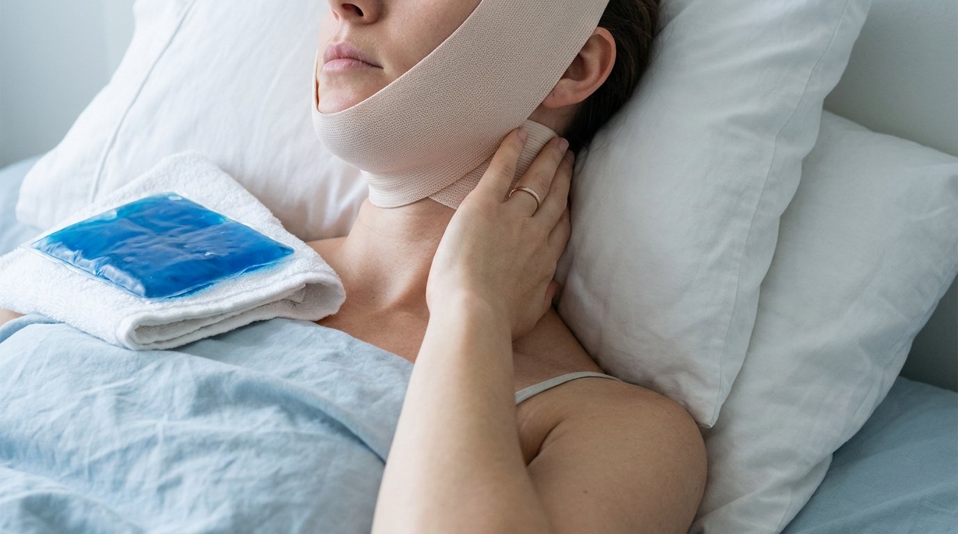 Reclined person in a soft chin-and-neck compression wrap, one hand resting at the neck, a gel pack on a towel nearby.