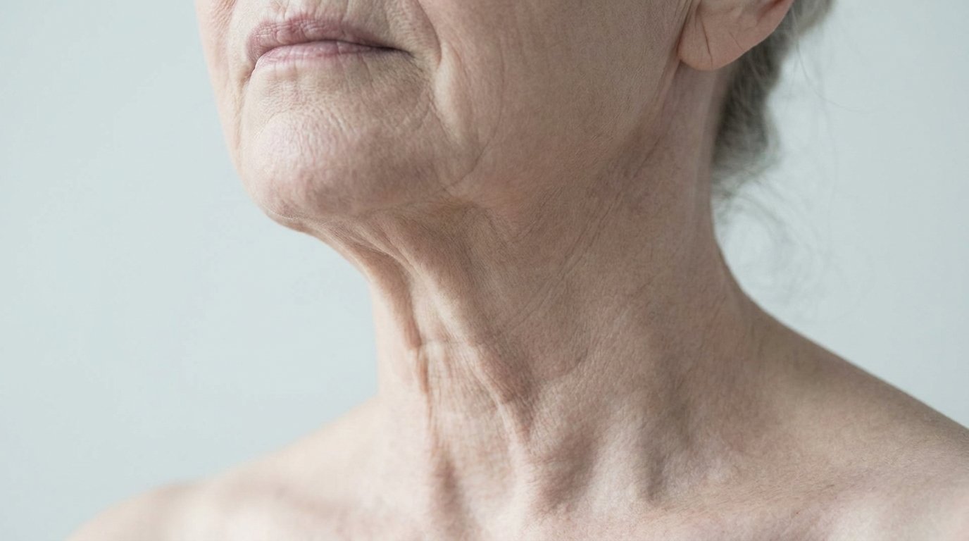 Close-up of a neck in three-quarter view showing two vertical platysmal bands running from under the chin down the throat.