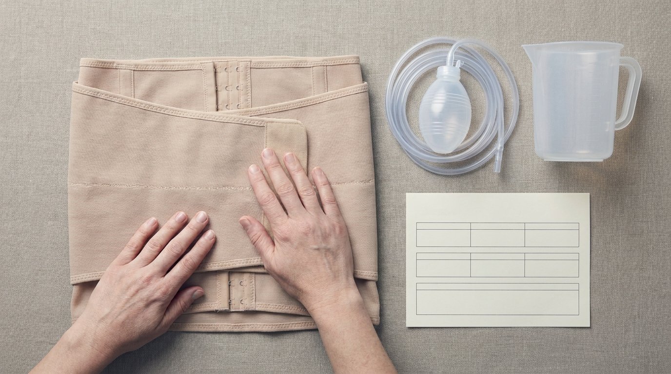Folded abdominal compression garment with a surgical drain bulb and tubing on a flat surface, two hands smoothing the garment.