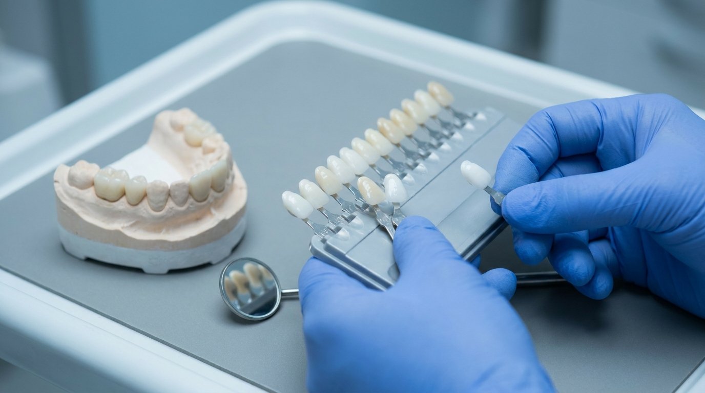 A hand holding an open dental shade guide fan while the other separates one very bright ceramic tab, beside a stone model of upper teeth.