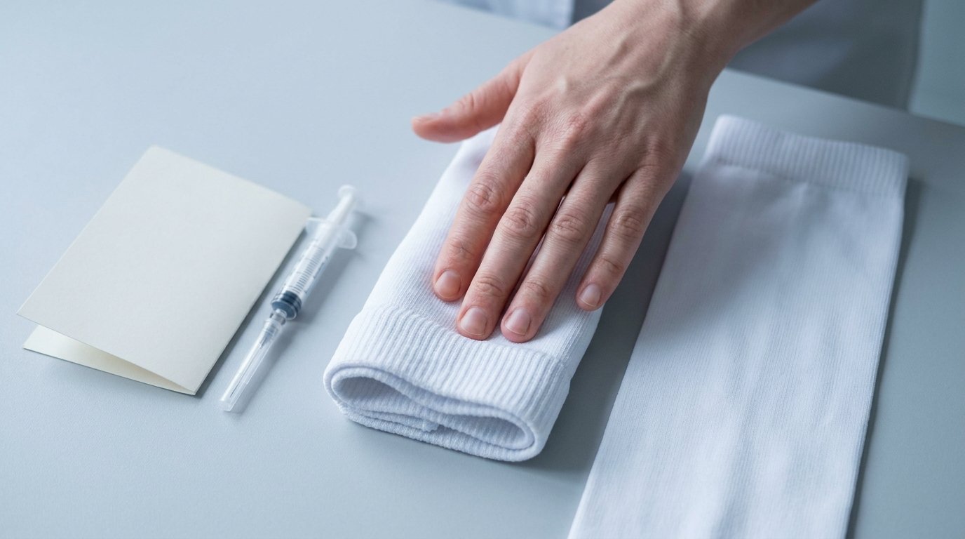Flat-lay of white graduated compression stockings and a single pre-filled anticoagulant syringe on a plain surface, with hands smoothing a stocking.