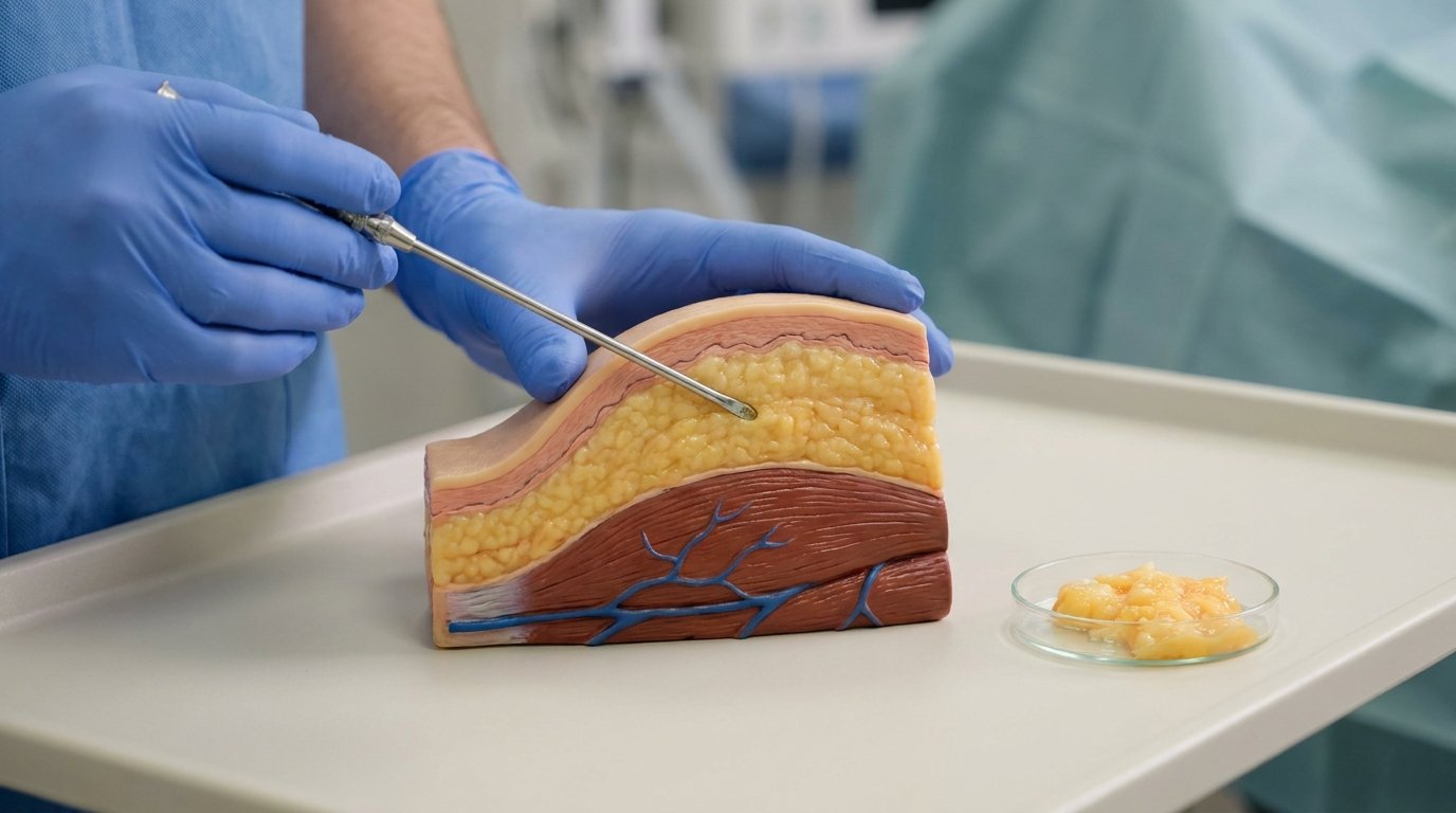 Gloved hands hold a blunt cannula angled into the shallow fat layer of a cross-section buttock anatomy model, above the deep muscle.