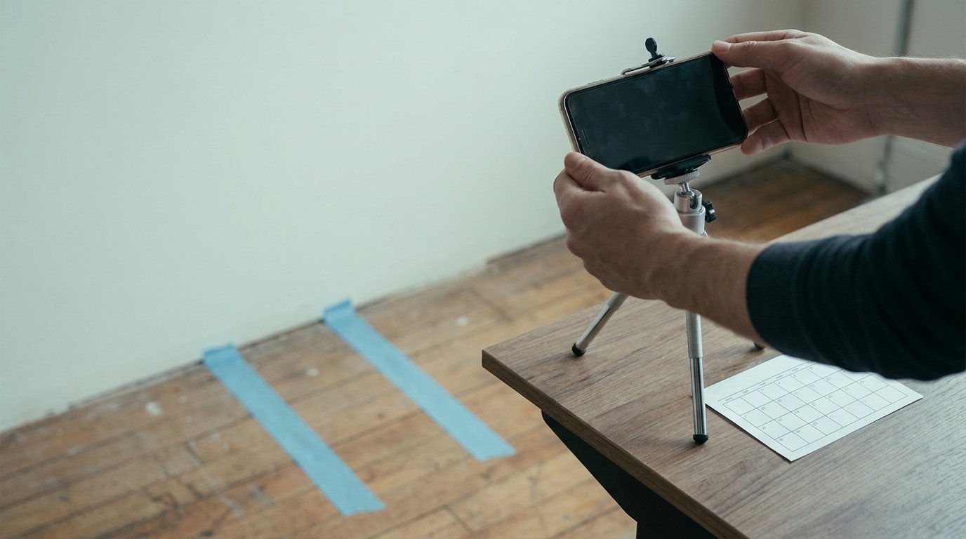 Hands placing a phone in a small tripod aimed at a plain wall, with two strips of tape on the floor marking standing positions.