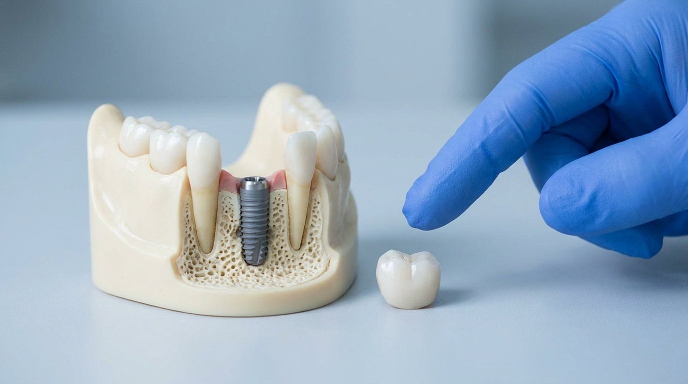 A titanium implant post embedded in a sectioned jawbone model with a separate crown lying unattached nearby, a gloved finger pointing at the gap.