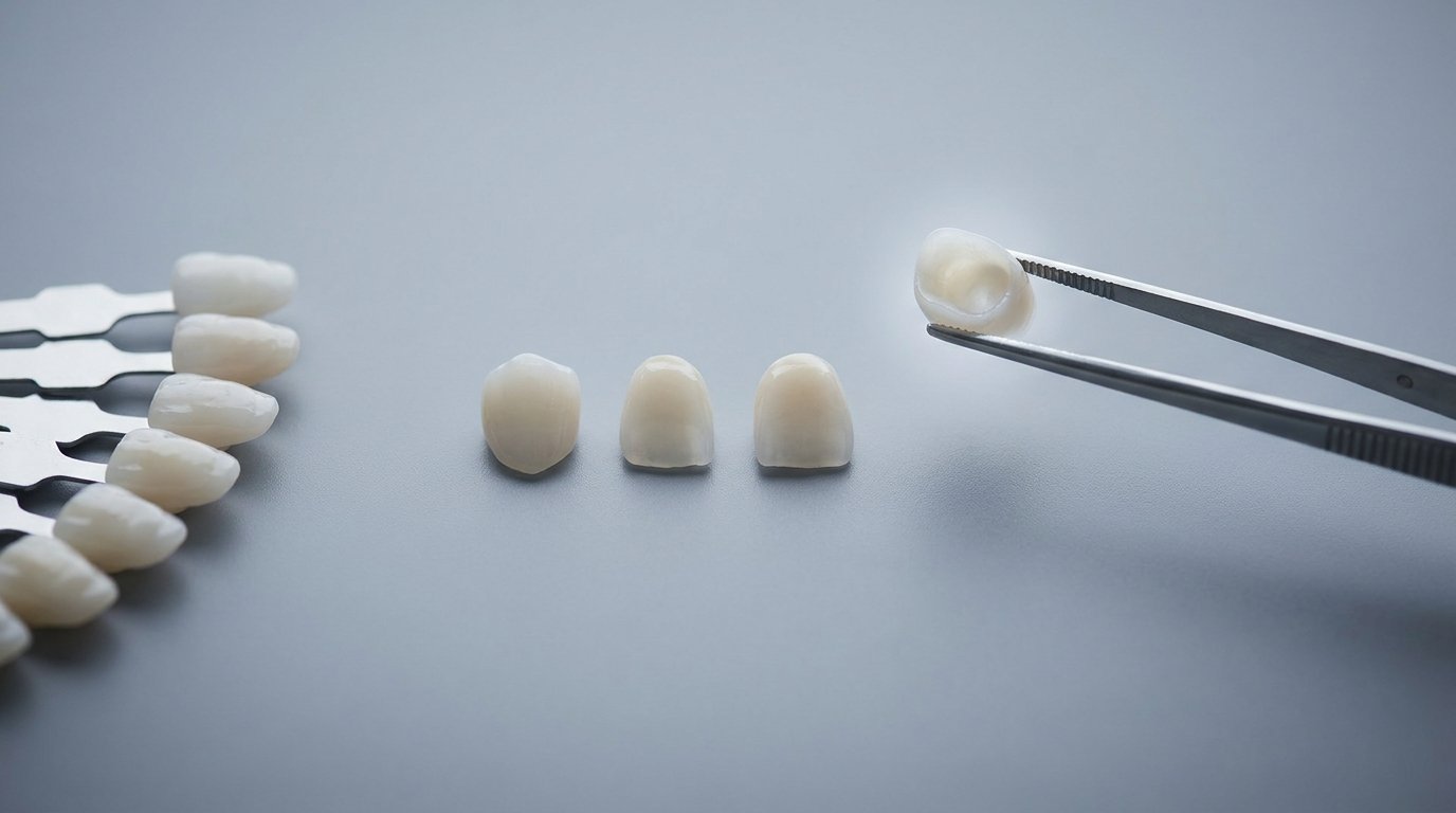 Four single dental crowns of varying whiteness laid in a row beside a shade-guide fan, with tweezers holding one crown to the light.