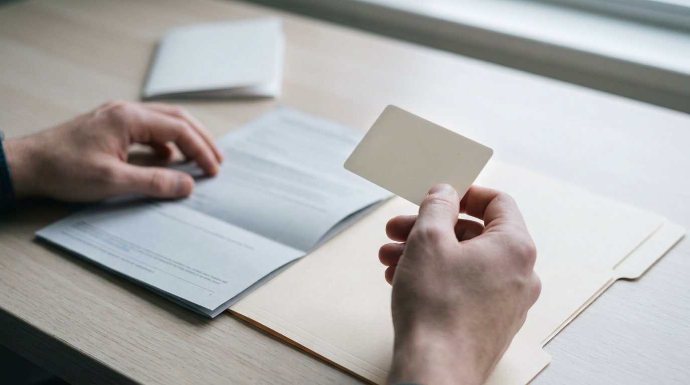 Two hands on a plain desk holding a blank wallet-sized implant identification card beside a folded warranty document and document wallet.