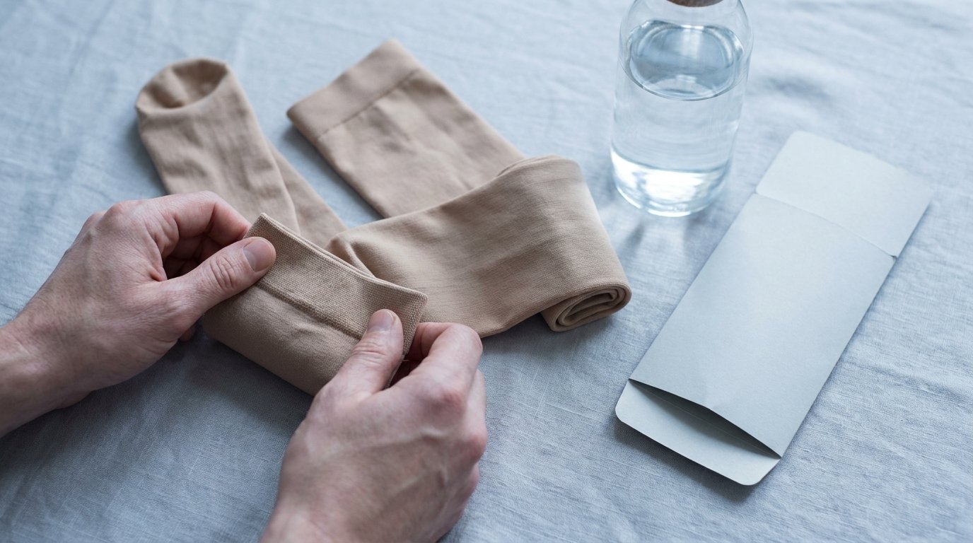 Two hands smoothing a pair of medical compression stockings on a plain surface next to a full water bottle and a folded paper sleeve.