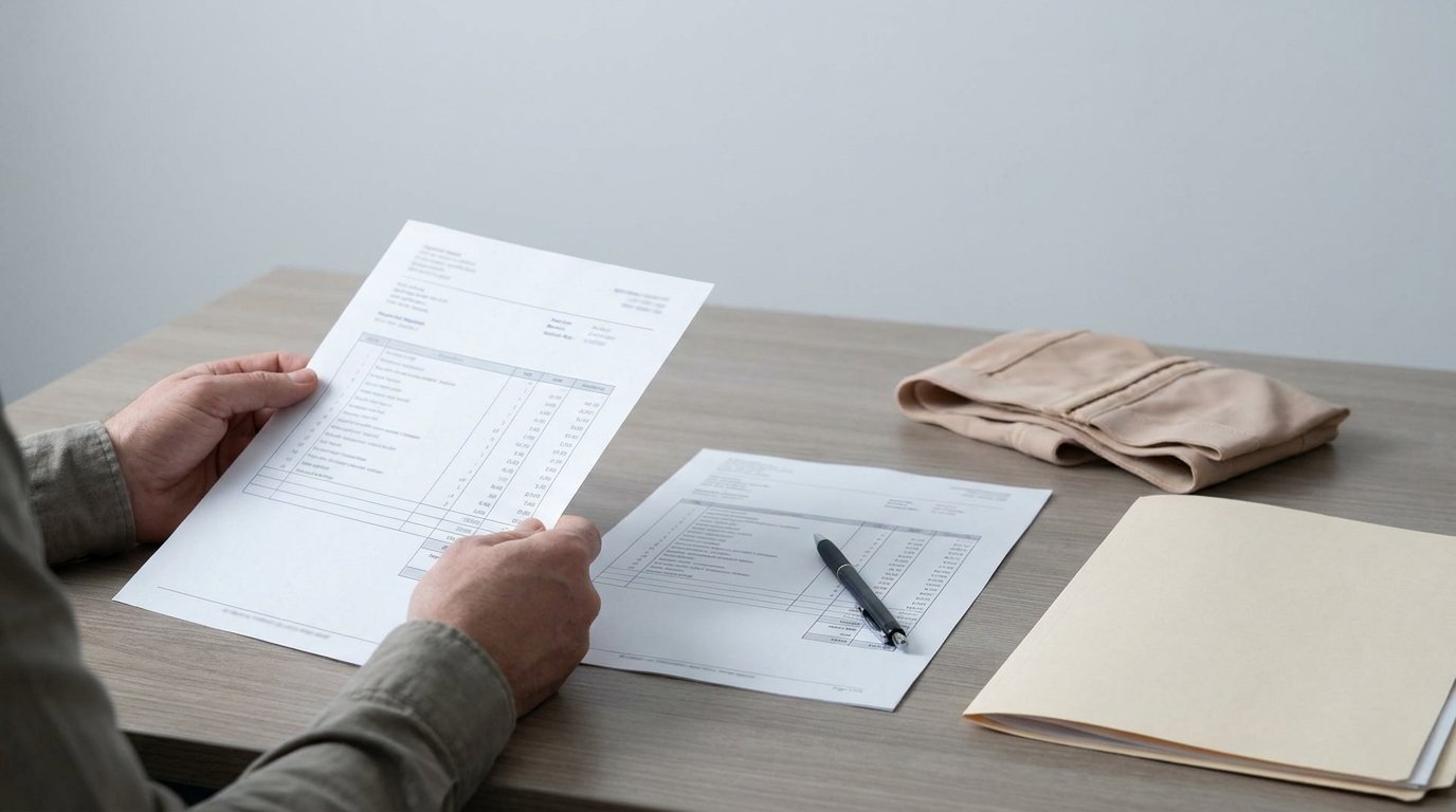 Two itemised printed surgery quotes side by side on a desk, hands holding one with a pen across the other, a folded garment and folder nearby.