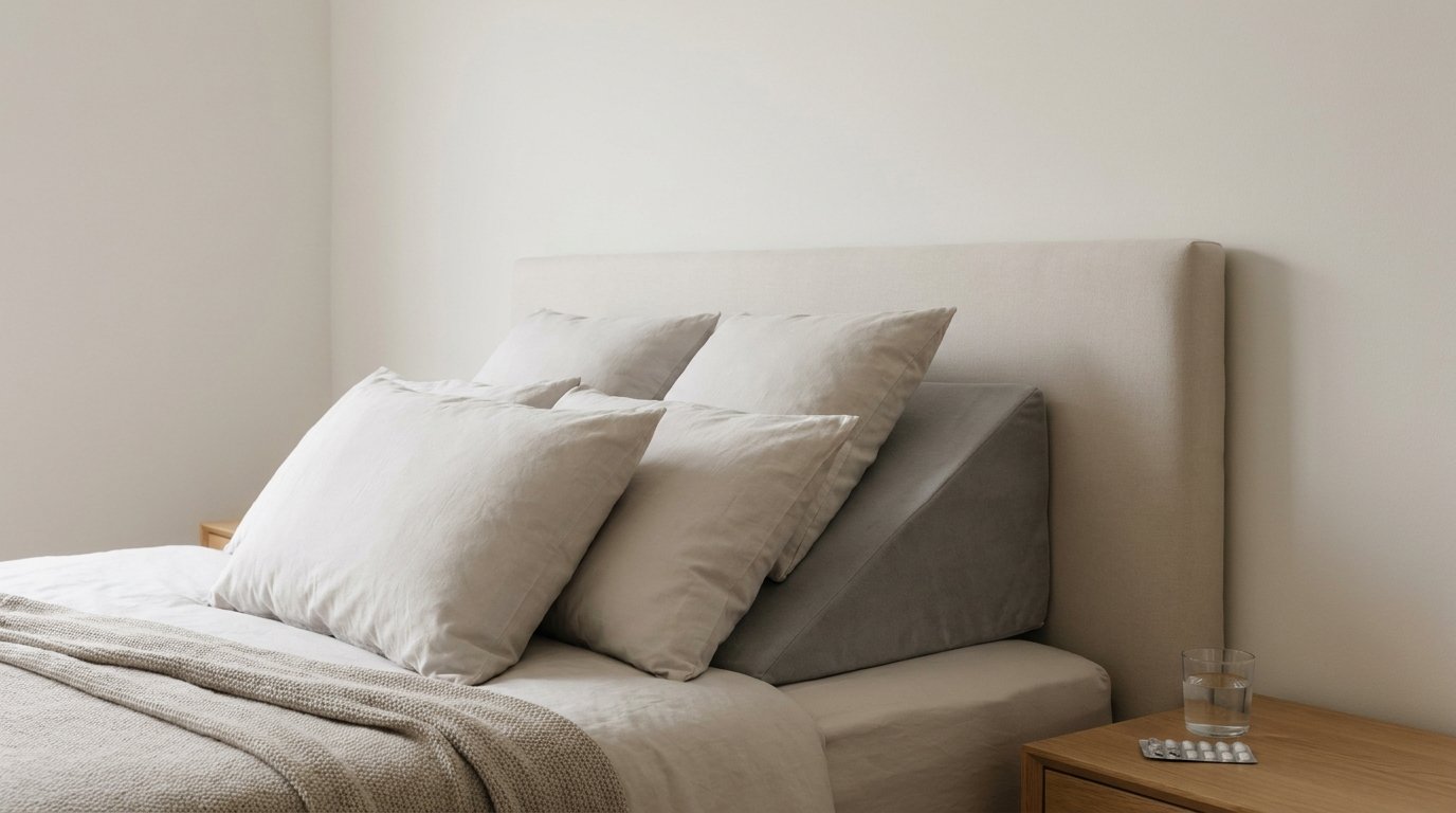 An empty bed with pillows and a foam wedge stacked to prop the upper body upright, a water glass and medication on the bedside table.